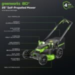 Greenworks 80V 25" Brushless Cordless Self-Propelled Lawn Mower,3 in 1 Dual Blade LawnMover, W/4.0Ah Battery and Rapid Charger Included