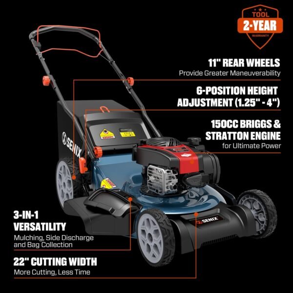 SENIX Self-Propelled Gas Lawn Mower, 22in Cutting Blade / 23in Cutting Deck, 150 cc 4-Cycle Made in Briggs & Stratton Engine , 3-In-1, 6-Position Adjustment, 11in Rear Wheels, LSSG-H3