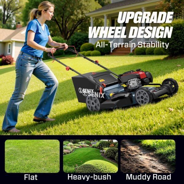 SENIX Self-Propelled Gas Lawn Mower, 22in Cutting Blade / 23in Cutting Deck, 150 cc 4-Cycle Made in Briggs & Stratton Engine , 3-In-1, 6-Position Adjustment, 11in Rear Wheels, LSSG-H3