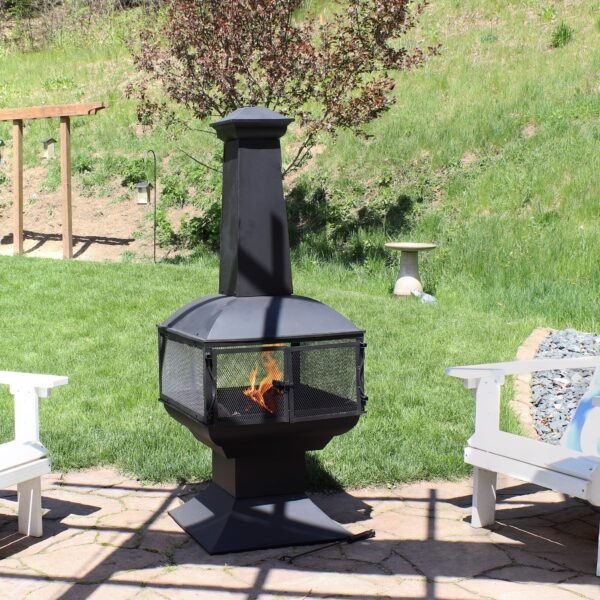 Sunnydaze 57" 360-Degree View Steel Wood-Burning Chiminea with Grate, Poker, and Cover