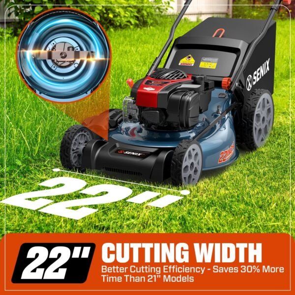 SENIX Self-Propelled Gas Lawn Mower, 22in Cutting Blade / 23in Cutting Deck, 150 cc 4-Cycle Made in Briggs & Stratton Engine , 3-In-1, 6-Position Adjustment, 11in Rear Wheels, LSSG-H3