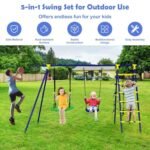 Ultimate 5-In-1 Outdoor Kids Swing Set with Sturdy A-Frame Metal Construction and Secure Ground Stakes