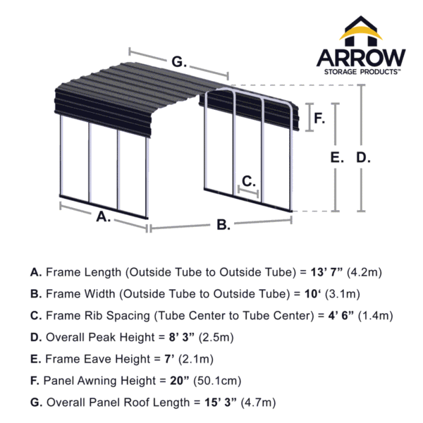 Arrow 10 x 15 x 7 ft Charcoal Carport
