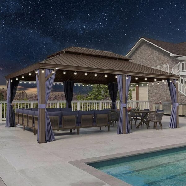 PURPLE LEAF Outdoor Hardtop Gazebo for Patio Bronze Aluminum Frame Pavilion with Navy-Blue Curtain and String Lights-milky