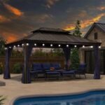 PURPLE LEAF Outdoor Hardtop Gazebo for Patio Bronze Aluminum Frame Pavilion with Navy-Blue Curtain and String Lights-milky