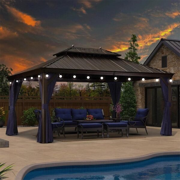 PURPLE LEAF Outdoor Hardtop Gazebo for Patio Bronze Aluminum Frame Pavilion with Navy-Blue Curtain and String Lights-milky