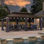 PURPLE LEAF Outdoor Hardtop Gazebo for Patio Bronze Aluminum Frame Pavilion with Navy-Blue Curtain and String Lights-milky