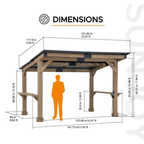 SUNJOY 10x12 Cedar Gazebo Pergola with Bar Shelves and Power Port