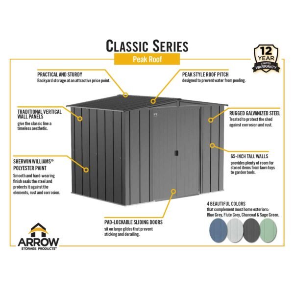 Arrow Classic Steel Storage Shed, 6 ft. x 7 ft., Blue Grey