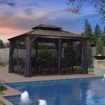 PURPLE LEAF Outdoor Hardtop Gazebo for Patio Bronze Aluminum Frame Pavilion with Navy-Blue Curtain