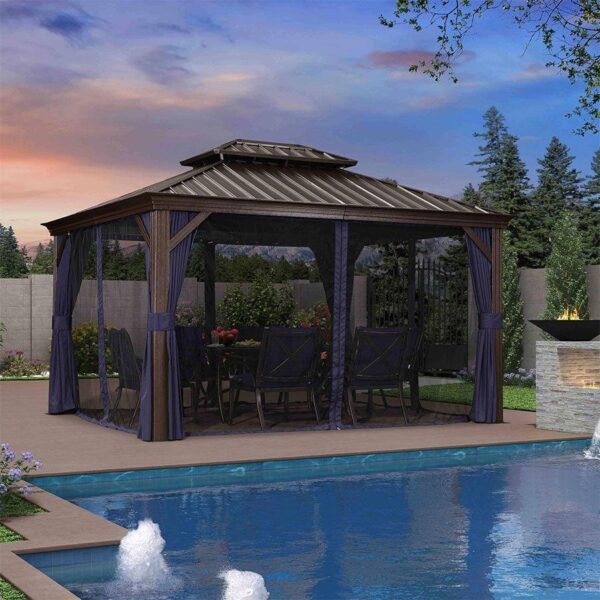 PURPLE LEAF Outdoor Hardtop Gazebo for Patio Bronze Aluminum Frame Pavilion with Navy-Blue Curtain