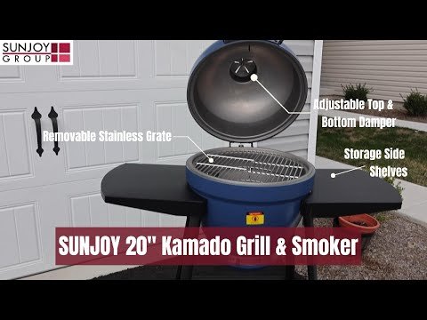 SUNJOY 20 Inch Charcoal Grill, Kamado Grill with Pizza Stone, Ultimate Egg BBQ Grill and Smoker with Wheels - Blue