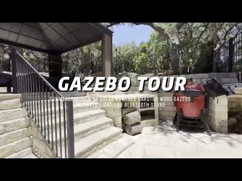 SUNJOY 12x14 Gazebo with Wood Shelves, Solar Speaker, and LED Lights