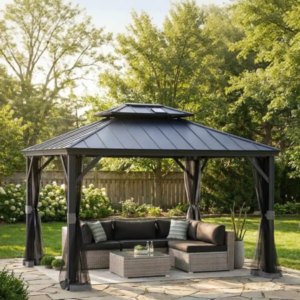 SUNJOY 10x12 Aluminum Frame Hardtop Gazebo with Solar Panel and Netting