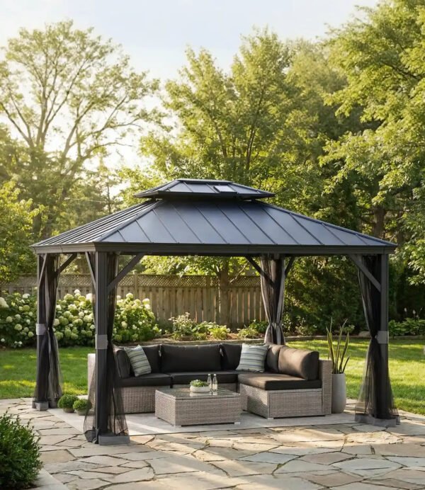 SUNJOY 10x12 Aluminum Frame Hardtop Gazebo with Solar Panel and Netting