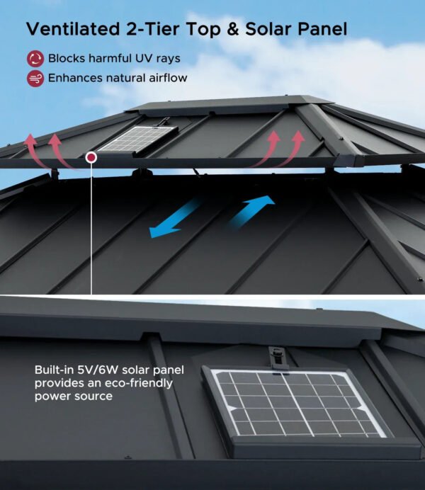 SUNJOY 10x12 Aluminum Frame Hardtop Gazebo with Solar Panel and Netting