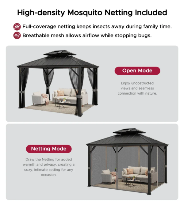SUNJOY 10x12 Aluminum Frame Hardtop Gazebo with Solar Panel and Netting