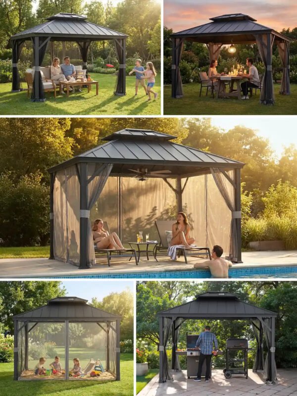 SUNJOY 10x12 Aluminum Frame Hardtop Gazebo with Solar Panel and Netting