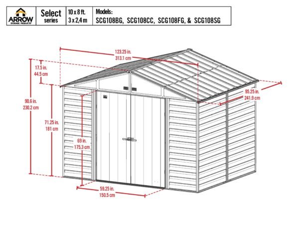 Arrow Select 10 x 8 x 8 ft Green Shed