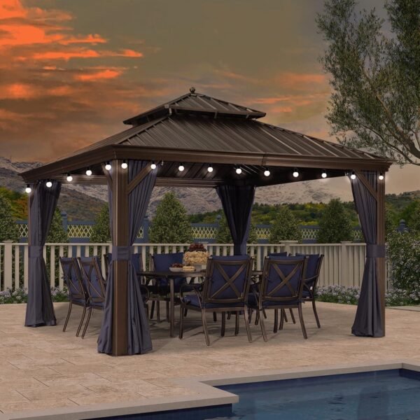 PURPLE LEAF Outdoor Hardtop Gazebo for Patio Bronze Aluminum Frame Pavilion with Navy-Blue Curtain and String Lights-milky