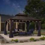 PURPLE LEAF Outdoor Hardtop Gazebo for Patio Bronze Aluminum Frame Pavilion with Navy-Blue Curtain and String Lights-milky