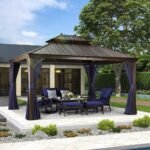 PURPLE LEAF Outdoor Hardtop Gazebo for Patio Bronze Aluminum Frame Pavilion with Navy-Blue Curtain