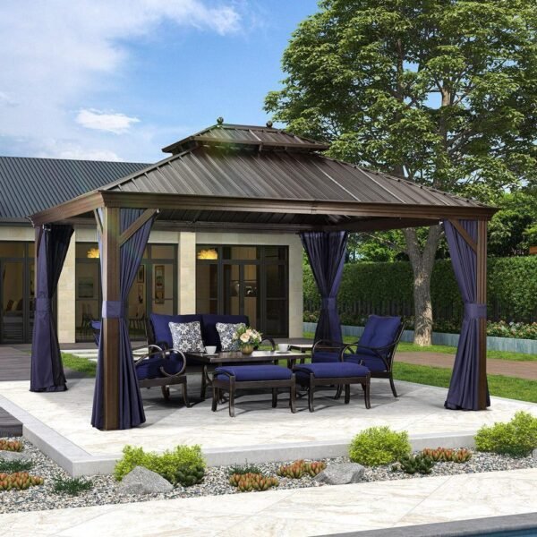 PURPLE LEAF Outdoor Hardtop Gazebo for Patio Bronze Aluminum Frame Pavilion with Navy-Blue Curtain