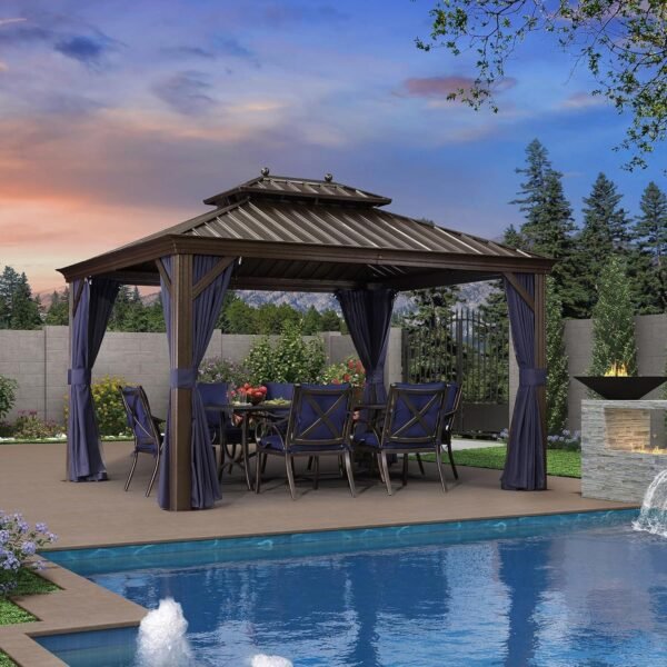 PURPLE LEAF Outdoor Hardtop Gazebo for Patio Bronze Aluminum Frame Pavilion with Navy-Blue Curtain