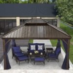 PURPLE LEAF Outdoor Hardtop Gazebo for Patio Bronze Aluminum Frame Pavilion with Navy-Blue Curtain
