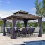 PURPLE LEAF Outdoor Hardtop Gazebo for Patio Bronze Aluminum Frame Pavilion with Navy-Blue Curtain
