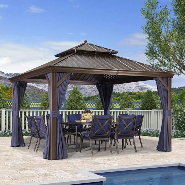 PURPLE LEAF Outdoor Hardtop Gazebo for Patio Bronze Aluminum Frame Pavilion with Navy-Blue Curtain