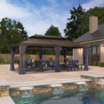 PURPLE LEAF Outdoor Hardtop Gazebo for Patio Bronze Aluminum Frame Pavilion with Navy-Blue Curtain
