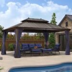 PURPLE LEAF Outdoor Hardtop Gazebo for Patio Bronze Aluminum Frame Pavilion with Navy-Blue Curtain