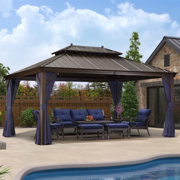 PURPLE LEAF Outdoor Hardtop Gazebo for Patio Bronze Aluminum Frame Pavilion with Navy-Blue Curtain