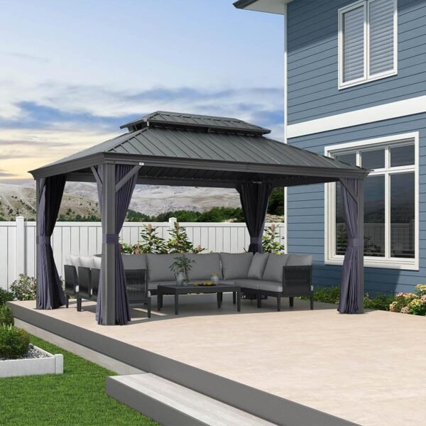 PURPLE LEAF Outdoor Hardtop Gazebo for Patio Grey Aluminum Frame Pavilion with Navy-Blue Curtain