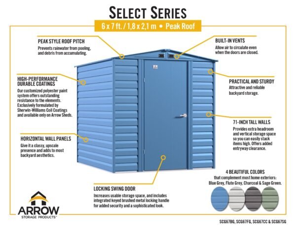 Arrow Select 6 x 7 x 7 ft Grey Shed