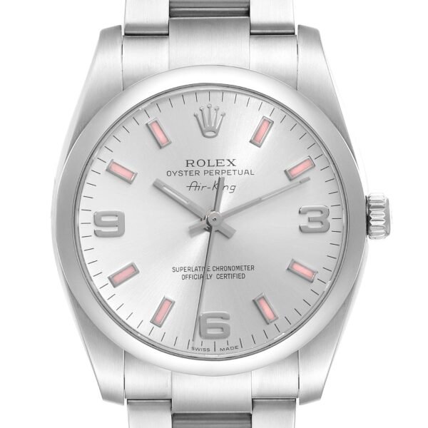 Rolex Air King 34 Silver Pink Baton Dial Steel Mens Watch 114200