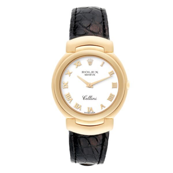 Rolex Cellini 18k Yellow Gold White Dial Black Strap Ladies Watch 6622