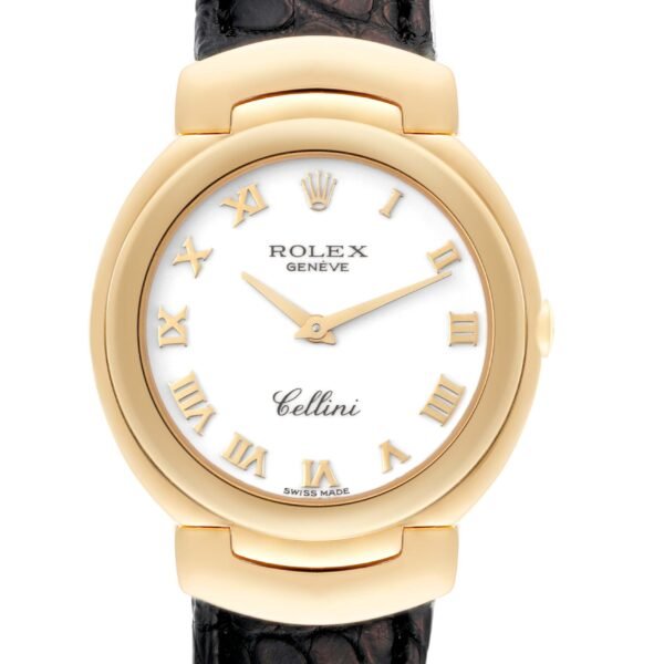 Rolex Cellini 18k Yellow Gold White Dial Black Strap Ladies Watch 6622