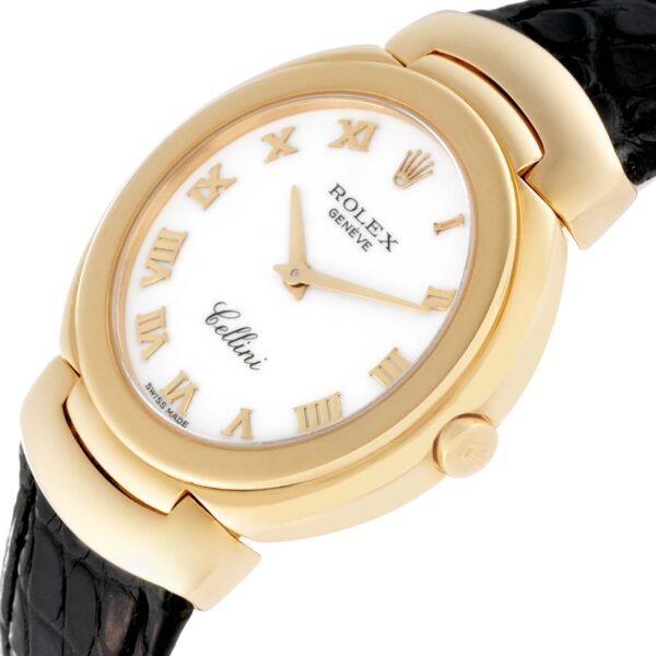 Rolex Cellini 18k Yellow Gold White Dial Black Strap Ladies Watch 6622