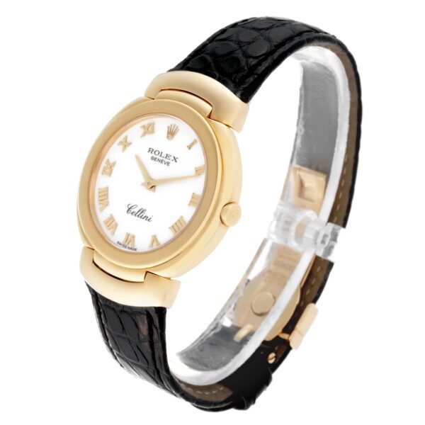 Rolex Cellini 18k Yellow Gold White Dial Black Strap Ladies Watch 6622