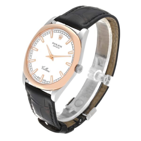 Rolex Cellini Danaos 18k White Rose Gold Black Strap Mens Watch 4243