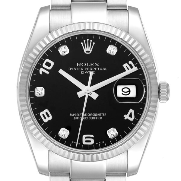 Rolex Date 34 Steel White Gold Black Diamond Dial Mens Watch 115234