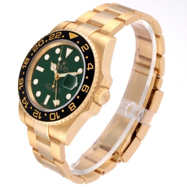 Rolex GMT Master II 18K Yellow Gold Green Dial Mens Watch 116718