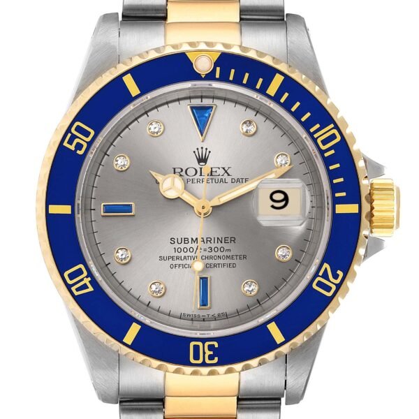 Rolex Submariner Steel Gold Diamond Sapphire Serti Dial Watch 16613