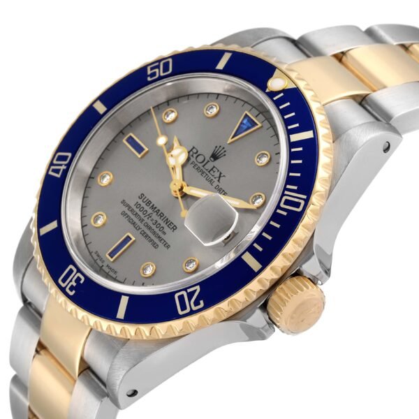 Rolex Submariner Steel Gold Diamond Sapphire Serti Dial Watch 16613 Box Papers