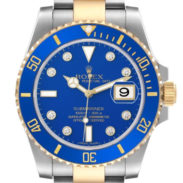 Rolex Submariner Steel Yellow Gold Blue Diamond Dial Bezel Mens Watch 116613