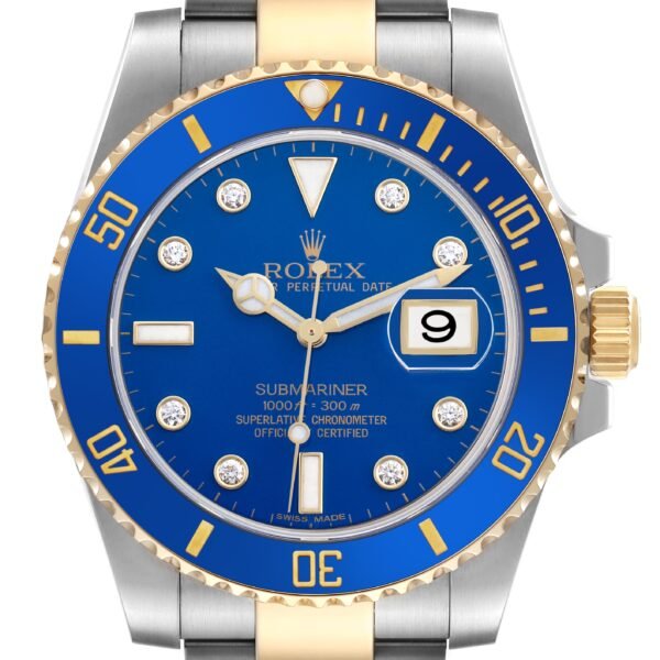 Rolex Submariner Steel Yellow Gold Blue Diamond Dial Mens Watch 116613