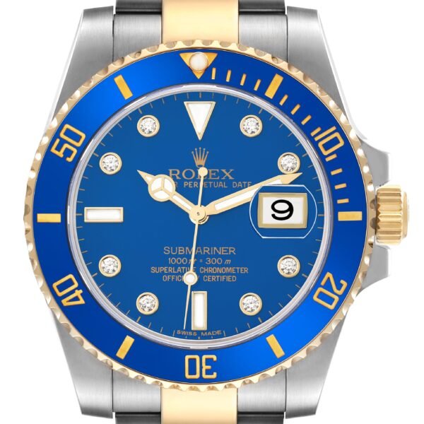 Rolex Submariner Steel Yellow Gold Blue Diamond Dial Mens Watch 116613 Box Card