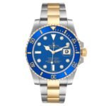 Rolex Submariner Steel Yellow Gold Blue Diamond Dial Mens Watch 116613 Box Card